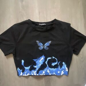 SHEIN Black Crop Top with Blue Butterfly and Flames